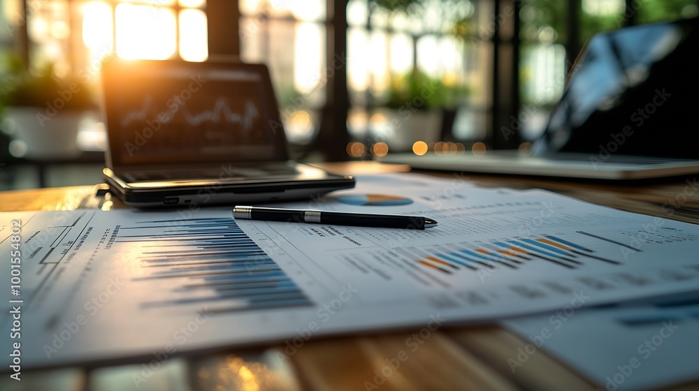 Aufkleber business documents  with smart phone and laptop computer and graph financial with social network diagram : Generative AI