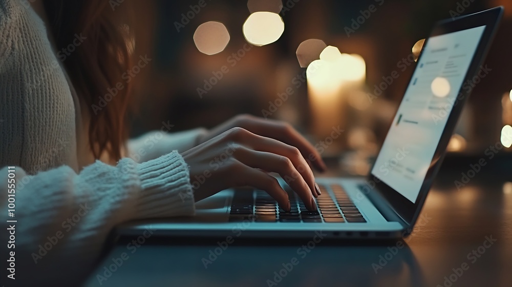 Poster close up image of woman hands typing on laptop computer keyboard and surfing the internet on office 