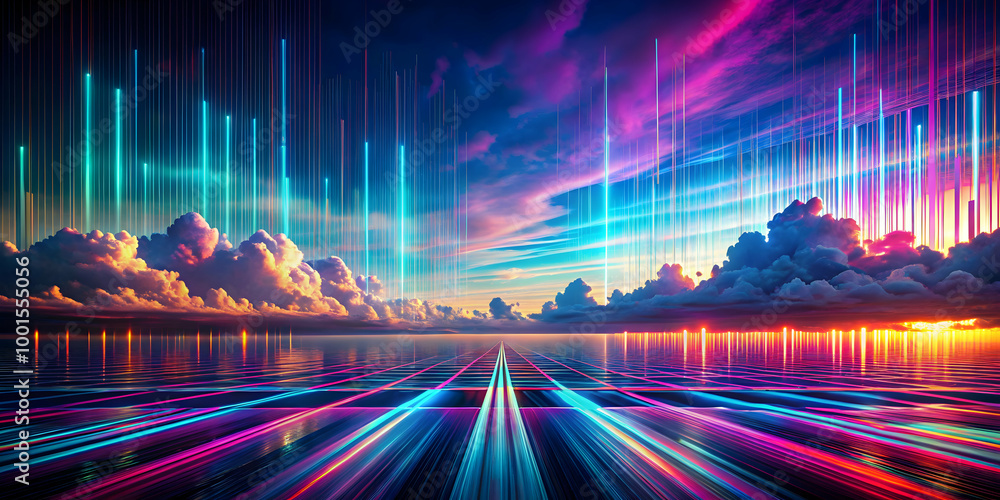 Poster Neon Dreamscape: A vibrant, surreal landscape unfolds, where neon lights pierce a breathtaking sunset sky above a reflective, ethereal road.