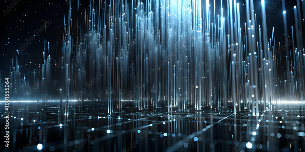 Poster digital rain: a mesmerizing abstract background of vertical lines of light descending on a grid, evo