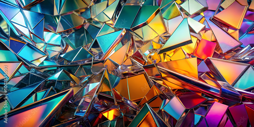 Poster prismatic chaos: an explosion of iridescent triangles and multifaceted gems in vibrant hues of teal,