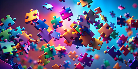 Vibrant Puzzle Pieces in Motion: A mesmerizing 3D render of colorful puzzle pieces floating dynamically against a vibrant backdrop. Perfect for themes of connection, solutions, and creativity.