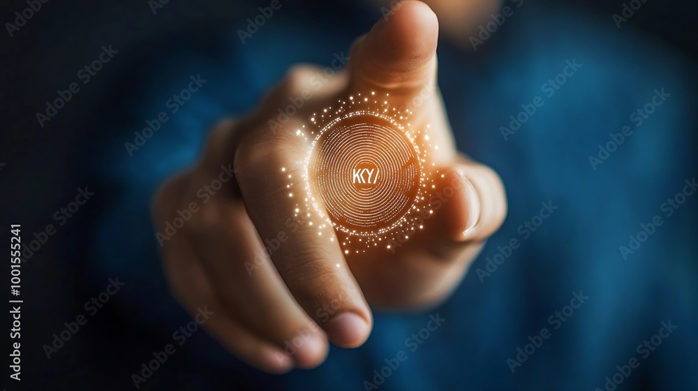 Leinwandbilder Know your customer KYC concept Biometrics security Businessman holding identity verification symbol for Increase financial security and access personal financial data : Generative AI