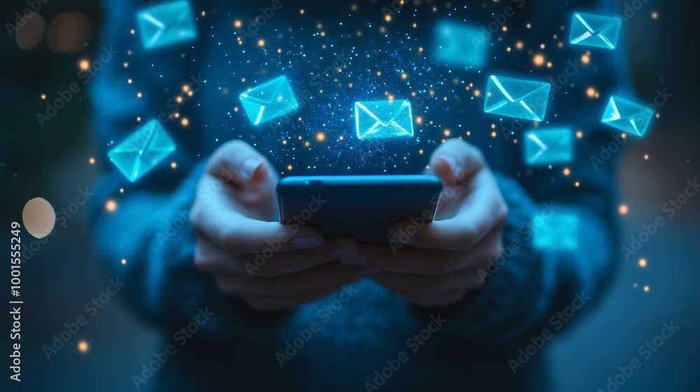 Poster Email app on smartphone screen with business person reading messages from inbox with wireless internet access on mobile phone communication technology : Generative AI