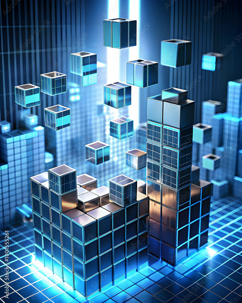 Poster abstract data structure: a digital cityscape of metallic cubes, illuminated by neon lights, symboliz