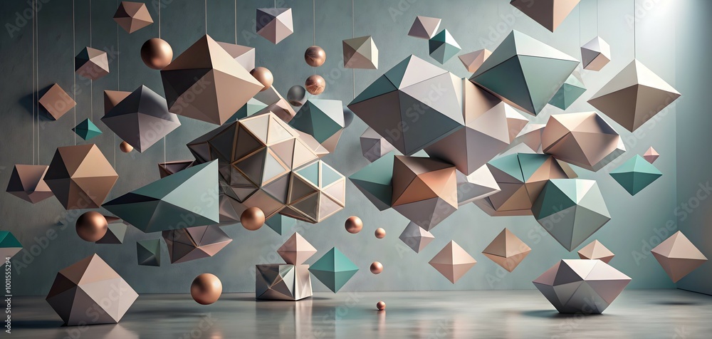 Poster geometric symphony: a captivating display of suspended geometric shapes in a 3d render, showcasing a