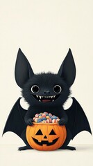 Cute Cat Character Holding a Pumpkin Filled with Candy for Halloween