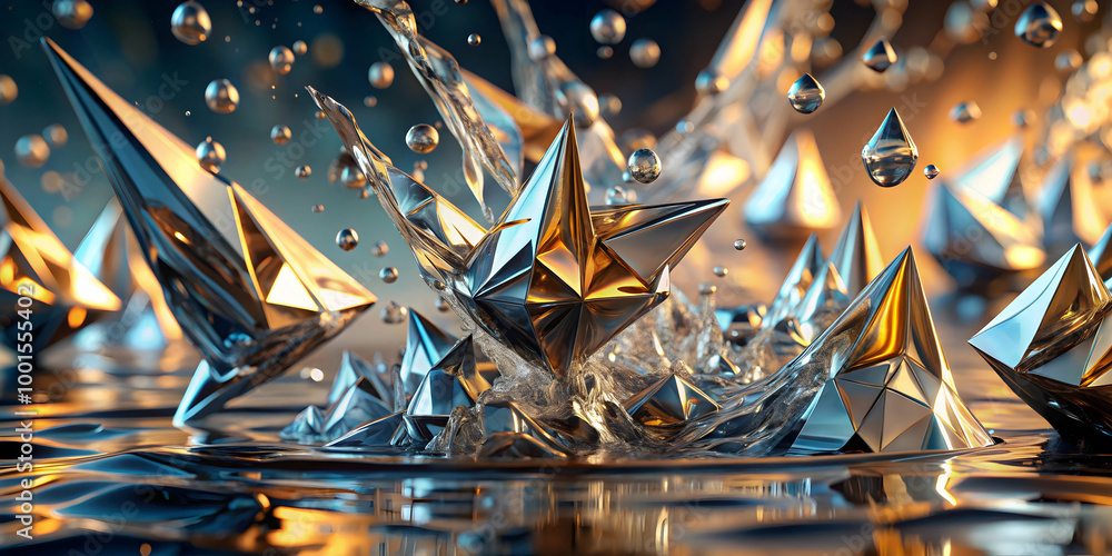 Poster crystallized impact: a mesmerizing 3d rendering of metallic shards and droplets exploding in an ethe
