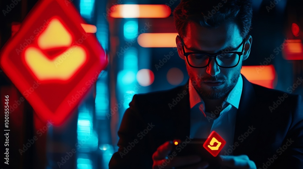 Poster Business man using smartphone and computer that show warning sign after got attack phishing email by malware from hacker that commit cyber crime or software crash to cause an error : Generative AI