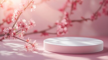 White round podium pedestal cosmetic beauty product presentation empty mockup on trendy pink coral pastel background with light shadows and spring flowers minimalist flat lay backdrop  : Generative AI