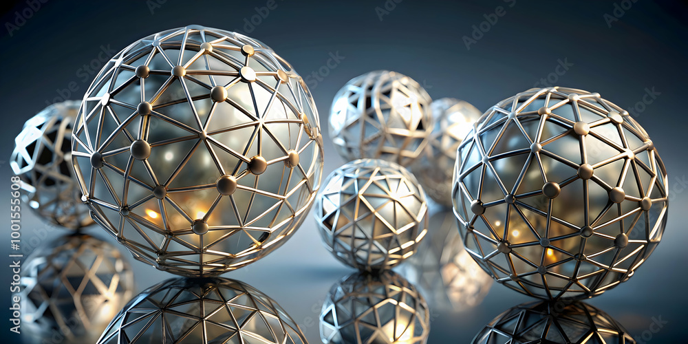 Poster interconnected spheres: abstract 3d rendering of metallic globes