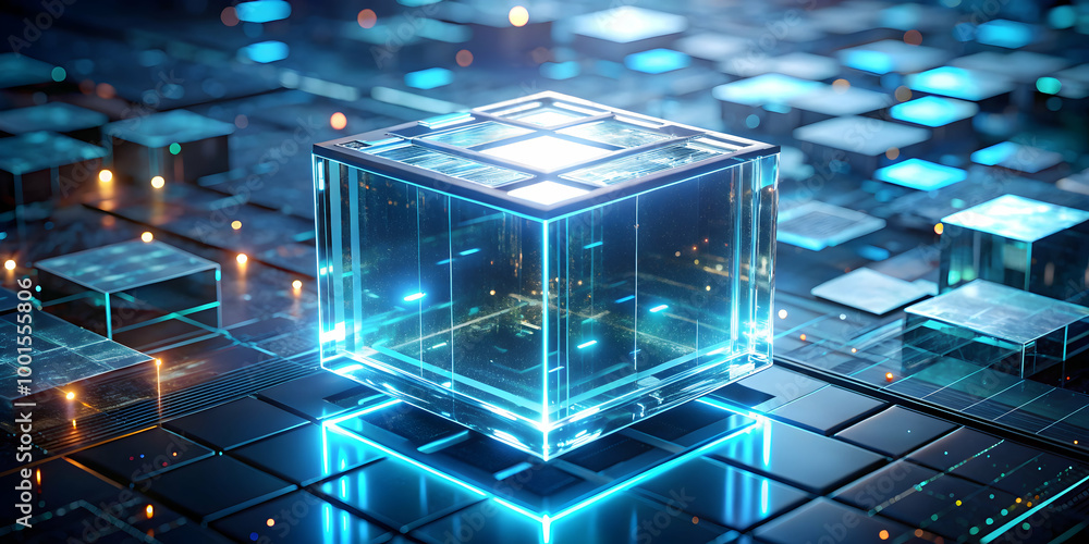 Poster digital cube: abstract 3d rendering of a glowing, transparent cube on a grid of metallic squares. th
