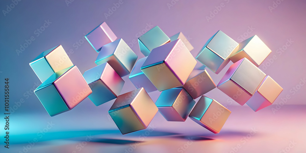 Poster chromatic cubes in motion: abstract 3d rendering of iridescent cubes floating dynamically against a 