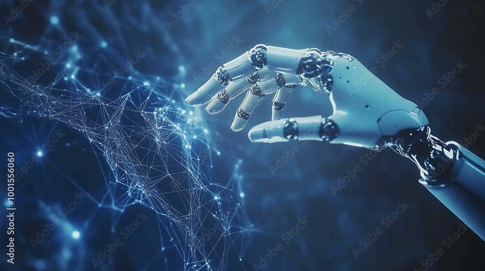 Aufkleber AI Machine learning Hands of robot and human touching on big data network connection background Science and artificial intelligence technology innovation and futuristic : Generative AI