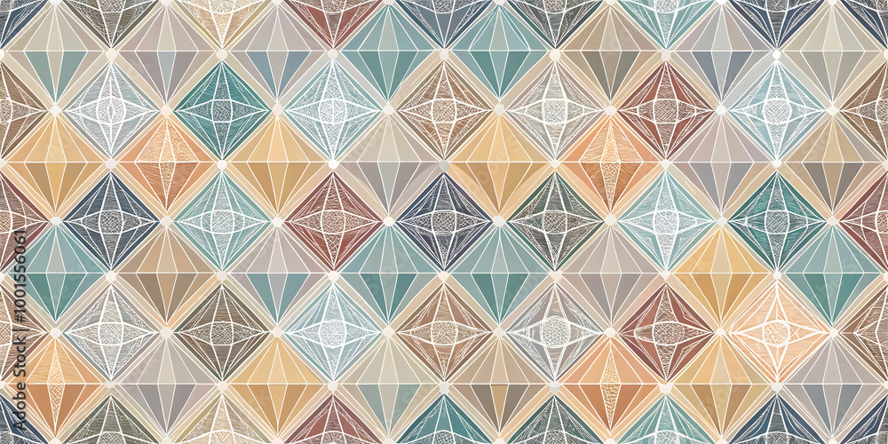 Poster geometric diamond pattern: a seamless pattern featuring an array of colorful, geometric diamonds in 