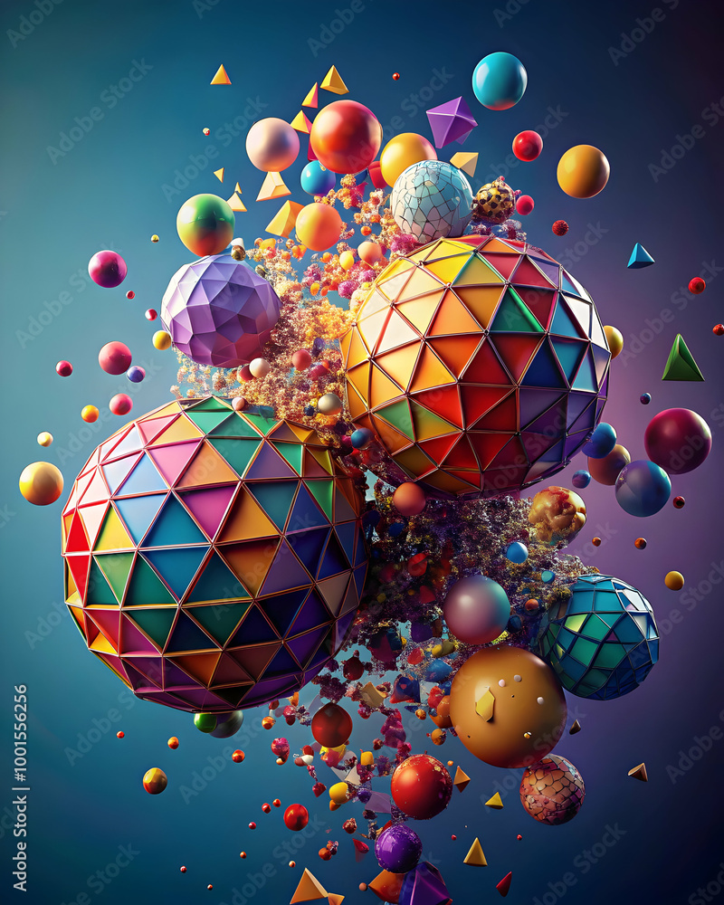 Poster geometric explosion: a vibrant burst of color and geometric shapes explodes across a deep blue backg