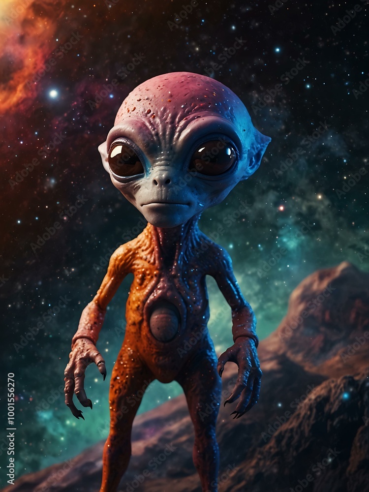 Poster colorful alien character in outer space.