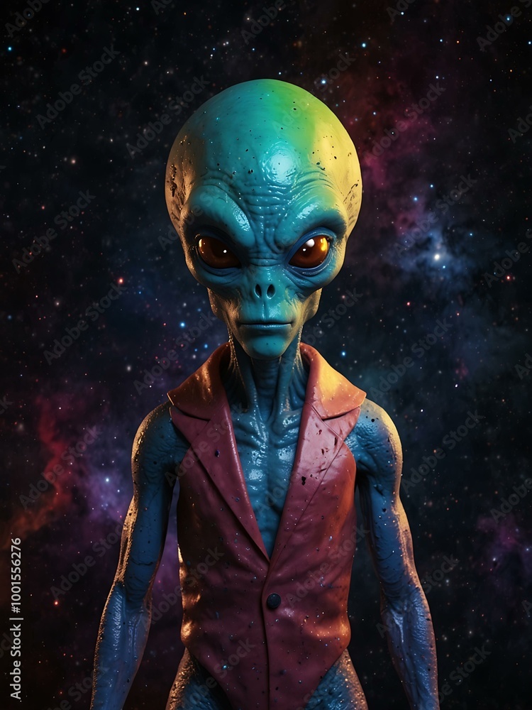 Poster colorful alien character in outer space.
