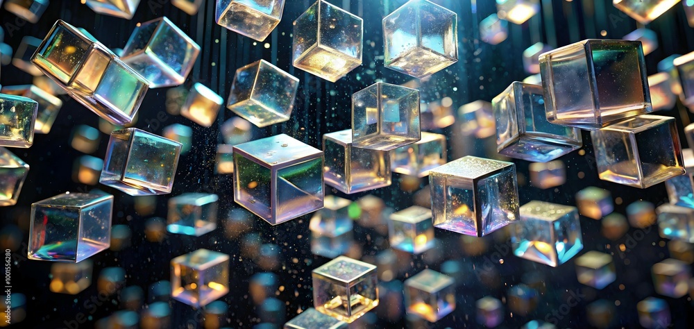 Poster abstract digital rain: a captivating, abstract image with a mesmerizing rain of shimmering glass cub