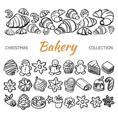 Isolated vector set of Christmas Bakery. Hand drawn and chalked cookies, barolls, pies, cakes, pastries, croissants, panettone, strudel. Vintage template with pastries sketch. Fresh bakery. Shop.