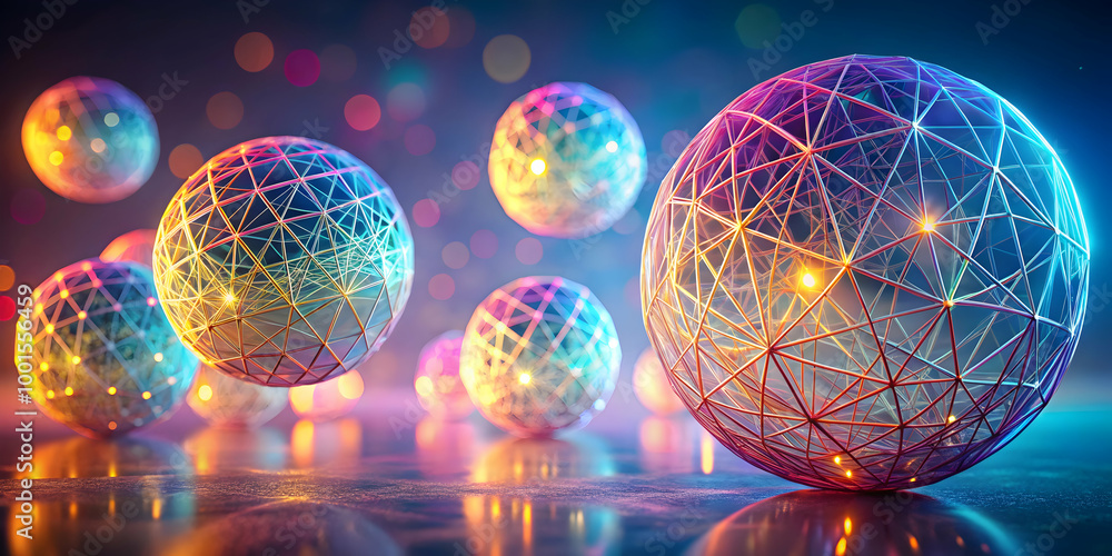 Poster radiant network spheres: abstract digital art depicting vibrant, interconnected spheres glowing with