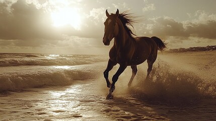 a horse running on the beach with the ocean waves in the background, galloping freely across the sand, wild and free, sunset illuminating the horizon, coastline and beach scenery in motion