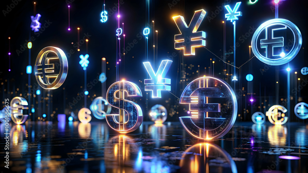 Poster global currency network: a futuristic, abstract visualization of global currency symbols, illuminate