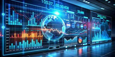 Global Market Analytics: A captivating image of a futuristic data wall displays global market trends with a glowing earth at its center.