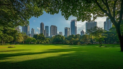 Public park and highrise buildings cityscape in metropolis city center  Green environment city and downtown business district in panoramic view : Generative AI