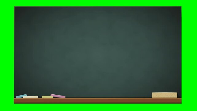 Animation of a blackboard appearing from behind with a wooden tray with chalks and a sponge being placed in the middle of the screen on green screen with alpha channel
