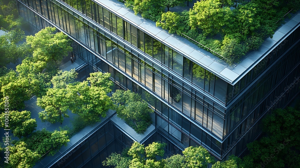 Aufkleber ecofriendly building in the modern city sustainable glass office building with trees for reducing he
