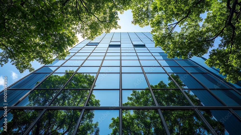 Aufkleber ecofriendly building in the modern city sustainable glass office building with trees for reducing he