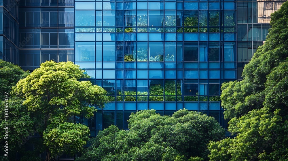 Aufkleber ecofriendly building in the modern city sustainable glass office building with trees for reducing he
