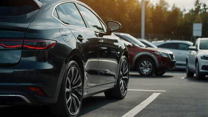 Fototapeta premium Black Car in Parking Lot: A sleek, dark-colored sedan stands out in a parking lot, bathed in warm sunlight. The image evokes a sense of sophistication and modern transportation.