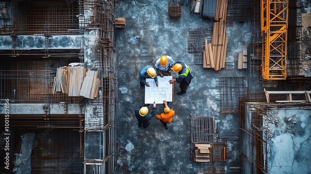 Fototapete top down aerial view of architect engineer team shake hands and discussing about building constructi