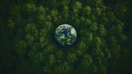 Aerial top view green forest with globe earth Green planet in your hands Save Earth Texture of forest view from above ecosystem and healthy environment Globe and forest : Generative AI