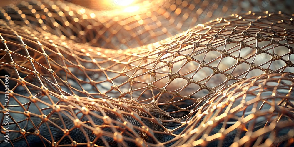 Poster golden net abstract: intricate copper mesh, shimmering under a warm light, creates a mesmerizing abs