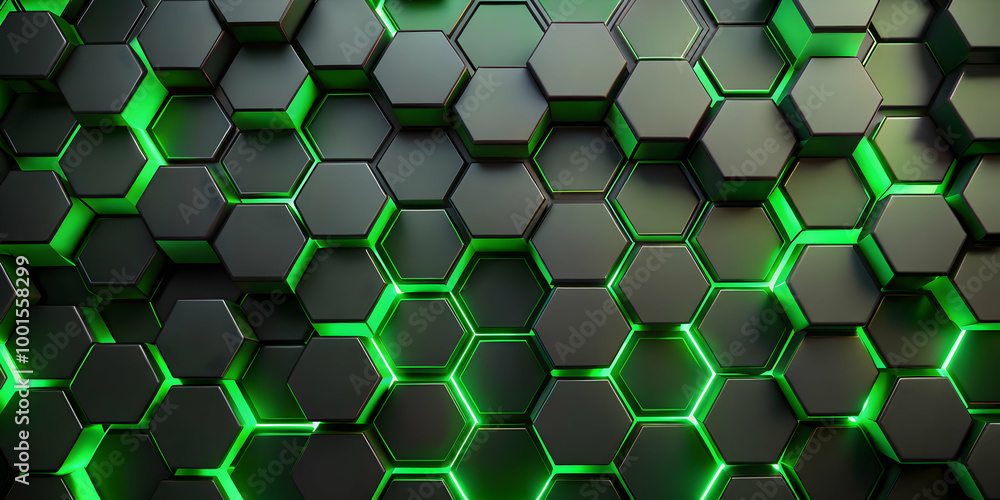 Poster abstract geometric pattern: black hexagons with glowing green edges create a futuristic and captivat