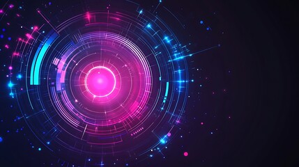 Fototapeta premium Abstract digital technology background with glowing pink and blue circles and lines.