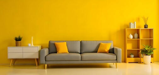 Minimalist Yellow Living Room: A modern and stylish living room features a gray sofa with yellow throw pillows, a white side table, and a wooden bookshelf against a vibrant yellow wall.