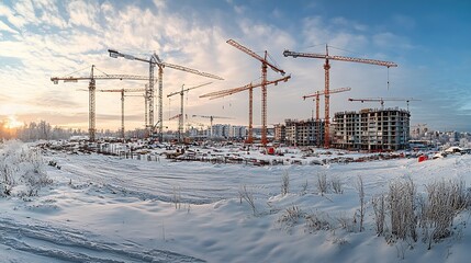 Construction of a new neighborhood Winter Panoramic view of a snowcovered construction site with many construction cranes against the cold sky Copy space : Generative AI