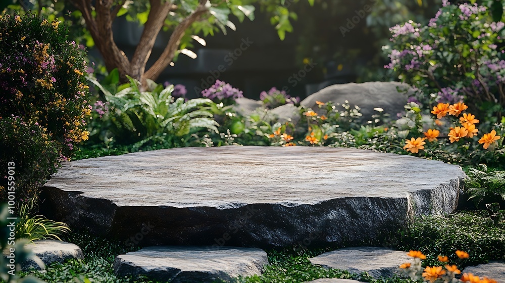 Poster Front view of the stone podium showcases products in a garden with flowers plants and branches Empty platform : Generative AI