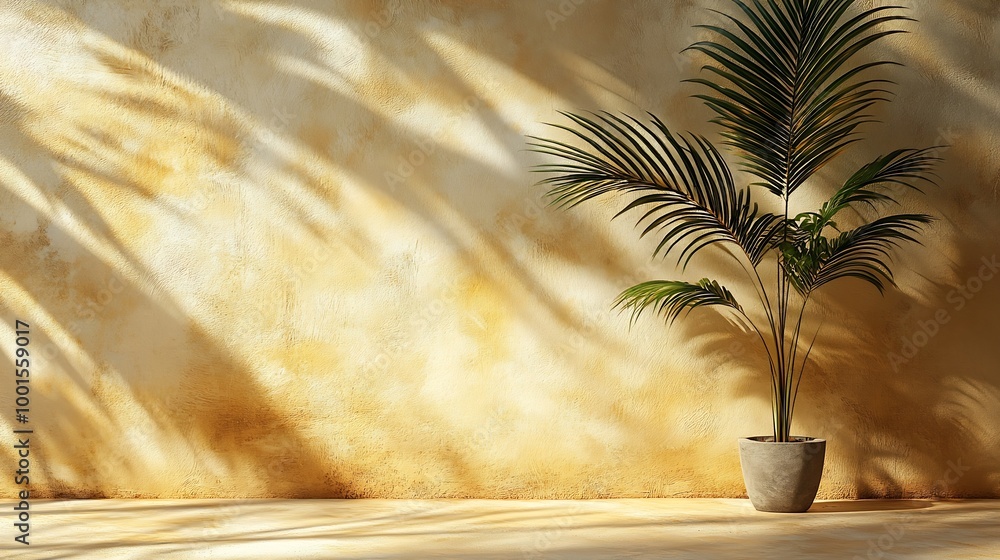 Poster Minimal product placement background with palm shadow on plaster wall Luxury summer architecture interior aesthetic Creative boho concept home product platform stage mockup : Generative AI