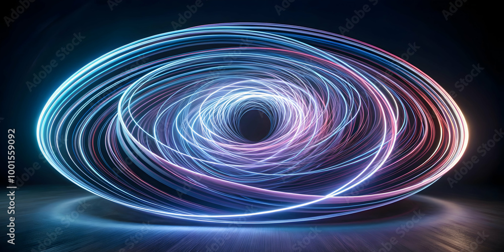 Poster celestial vortex: abstract swirling neon light trails create a mesmerizing elliptical vortex, evokin