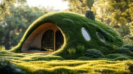 Photo of a unique and ecofriendly grass house with sustainable symbol of recycling : Generative AI