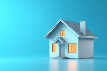 simple house with white walls and a gray roof, illuminated by bright lights inside the windows on