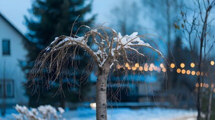 Alder tree in winter with snow and a blue hue
