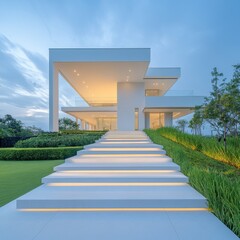 A white house with a white staircase leading up to it