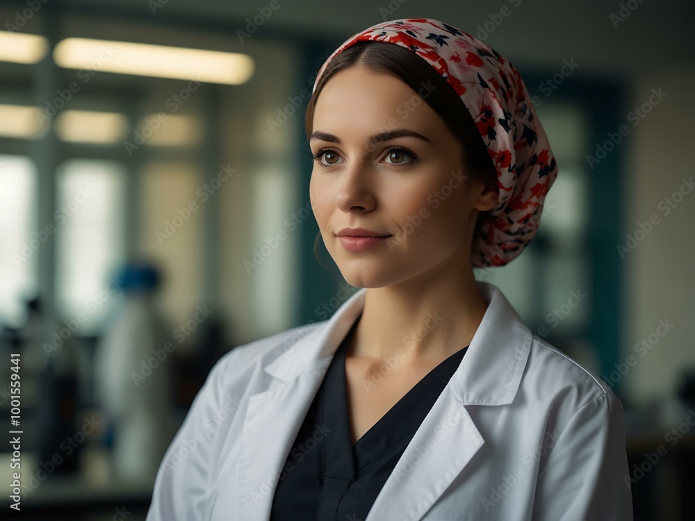 Wall mural confident woman in a lab coat and headscarf.