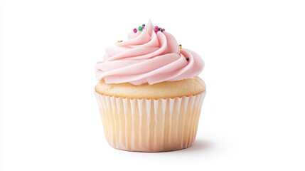 A pink frosted cupcake with sprinkles on top
